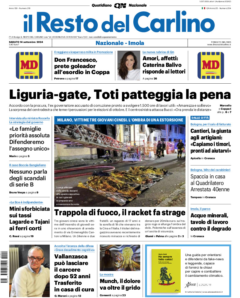 Prima-pagina-il resto del carlino-edizione-di-oggi-20240914